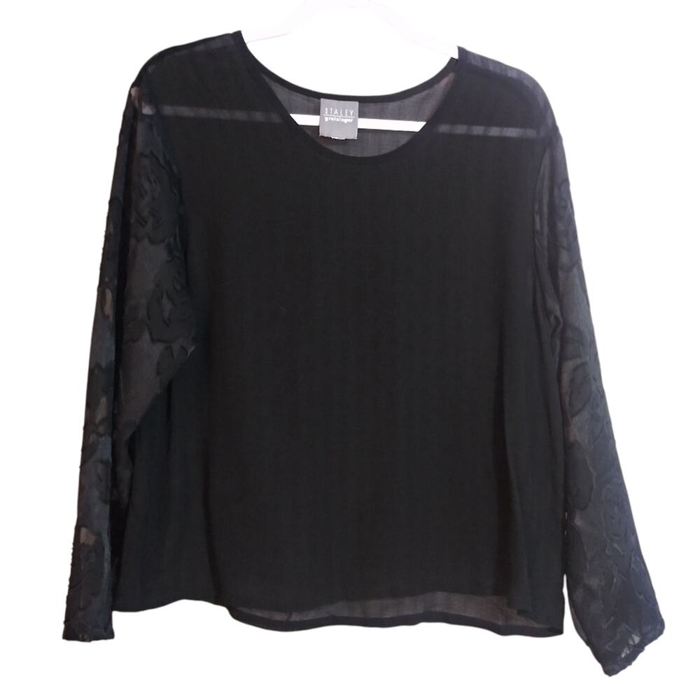 Staley Gretzinger  Black Sheer Blouse with Lace Floral Sleeves Witchy Artsy Sz L
